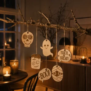 Mini halloweenpynt i træ